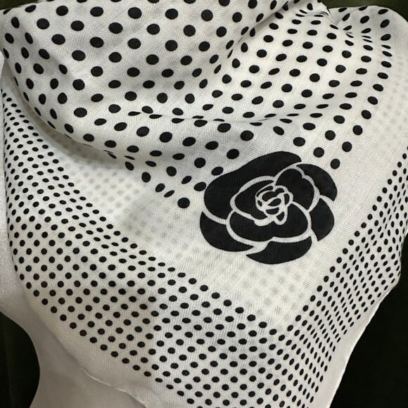Elegant Women's White Scarf with Black Polka Dots and Floral Print - Picture 7 of 7